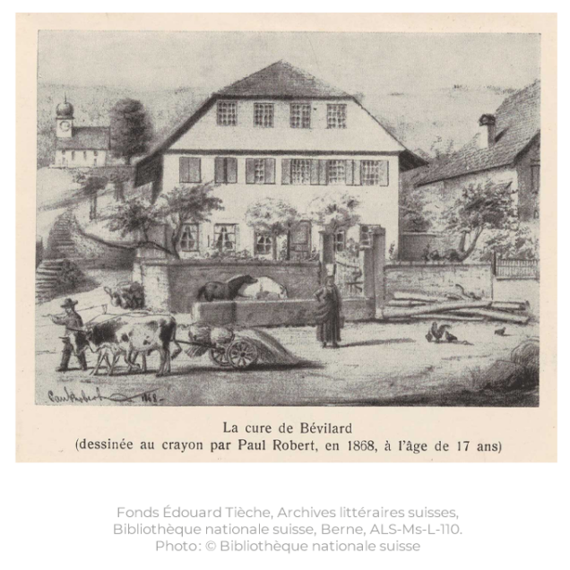 Le peintre Paul Robert, ami d'Édouard Tièche, dessine la cure de Bévilard en 1868. Ce dessin figure dans le journal d'Edouard Tièche, intégralement retranscrit par Laurence Marti et publié aux Éditions du Bourg à Aubonne.